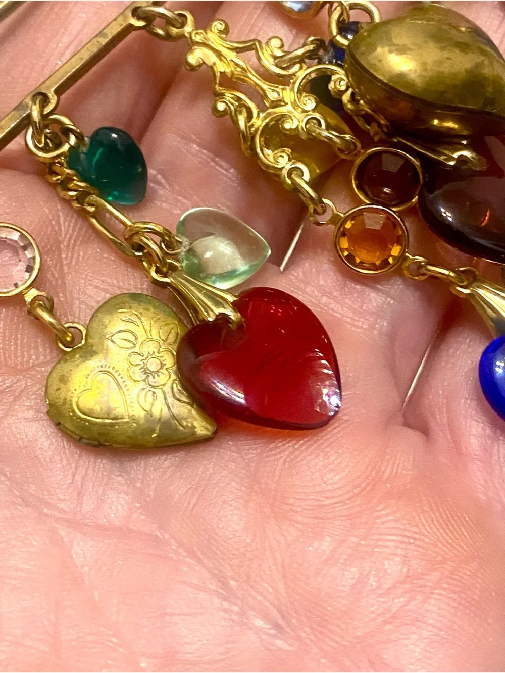 Vintage Glass Heart Multi Color Safety Pin Charm Brooch